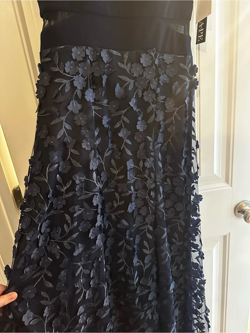 Xscape Navy Blue Floral Appliqué Evening Gown